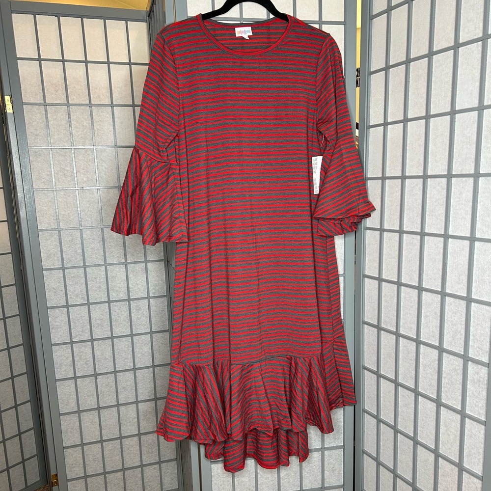 NWT LuLaRoe Maurine Red and Blue Striped Dress with 3/4 bell sleeves